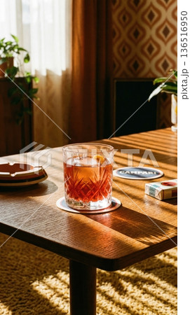 Refreshing Negroni Cocktail Held Over Mediterranean Sea View 136516950