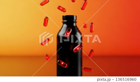 Explosion of Red Capsules Flying Out of Black Supplement Bottle 136516960