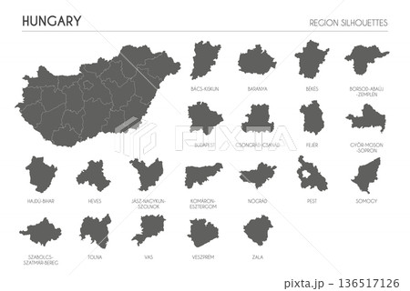 Hungary region silhouettes set and blank map of the country isolated on white background. Vector illustration design Hungary region silhouettes set and blank map of the country isolated on white background. Vector illustration design 136517126