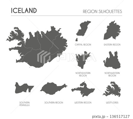 Iceland region silhouettes set and blank map of the country isolated on white background. Vector illustration design Iceland region silhouettes set and blank map of the country isolated on white background. Vector illustration design 136517127