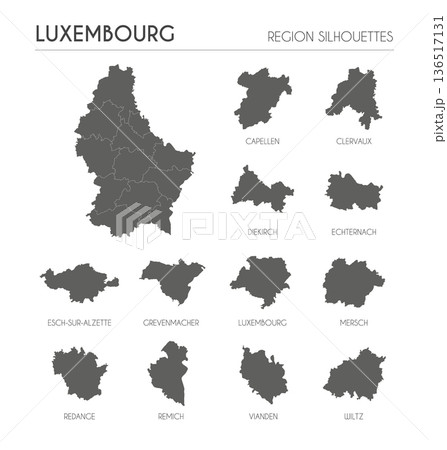 Luxembourg region silhouettes set and blank map of the country isolated on white background. Vector illustration design 136517131