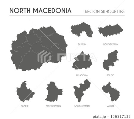 North Macedonia region silhouettes set and blank map of the country isolated on white background. Vector illustration design 136517135