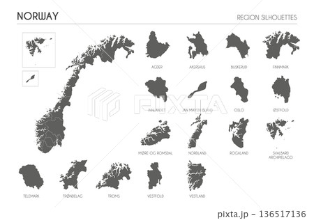 Norway region silhouettes set and blank map of the country isolated on white background. Vector illustration design 136517136