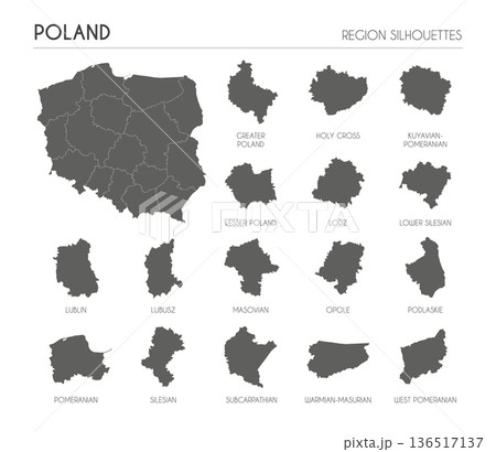 Poland region silhouettes set and blank map of the country isolated on white background. Vector illustration design 136517137