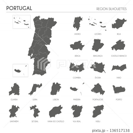 Portugal region silhouettes set and blank map of the country isolated on white background. Vector illustration design Portugal region silhouettes set and blank map of the country isolated on white background. Vector illustration design 136517138