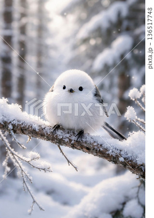 雪が舞う中、枝に止まる かわいいシマエナガ 雪が舞う中、枝に止まる かわいいシマエナガ 136517748