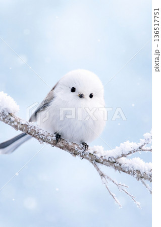 雪が舞う中、枝に止まる かわいいシマエナガ 雪が舞う中、枝に止まる かわいいシマエナガ 136517751