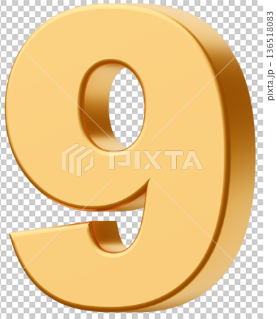 3D素材_数字_9_メタリック_黄色 3D素材_数字_9_メタリック_黄色 136518083