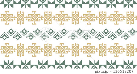 Ethnic tribal pixel art border with green and gold geometric motifs. Ideal for textile patterns, folk-style branding, stationery borders, and digital scrapbooking backgrounds. Ethnic tribal pixel art border with green and gold geometric motifs. Ideal for textile patterns, folk-style branding, stationery borders, and digital scrapbooking backgrounds. 136518207