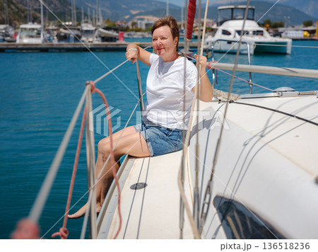 Adult Woman Enjoying Sunny Day On Yacht Finike Marina Turkey 136518236