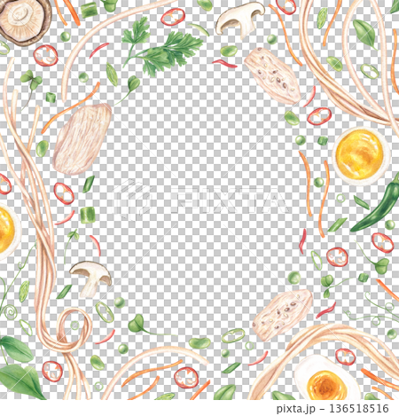 Ramen ingredients watercolor border on isolated background. Noodles, mushrooms, chicken slices, chili pepper, halved eggs, vegetable pieces and herbs square frame with oval copy space for text. 136518516