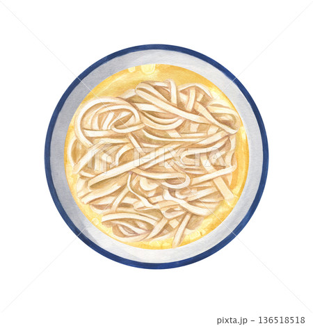 Udon noodles or Fettuccine in broth watercolor illustration on isolated background. Yellow bouillon with pasta in bowl. Traditional Japanese or Italian food. For menu design, food blog, cookbook. Udon noodles or Fettuccine in broth watercolor illustration on isolated background. Yellow bouillon with pasta in bowl. Traditional Japanese or Italian food. For menu design, food blog, cookbook. 136518518