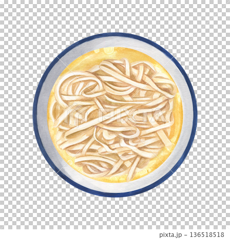 Udon noodles or Fettuccine in broth watercolor illustration on isolated background. Yellow bouillon with pasta in bowl. Traditional Japanese or Italian food. For menu design, food blog, cookbook. Udon noodles or Fettuccine in broth watercolor illustration on isolated background. Yellow bouillon with pasta in bowl. Traditional Japanese or Italian food. For menu design, food blog, cookbook. 136518518
