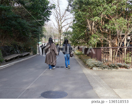 冬の名古屋市の東山動物園で歩く若い女性観光客と修学旅行の学生達の姿	 136518553