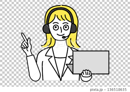 A line drawing of a woman in a suit wearing a headset, holding a PC and pointing at it A line drawing of a woman in a suit wearing a headset, holding a PC and pointing at it 136518635