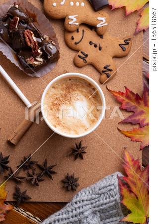 autumn cozy and warm composition with coffee at table with leaves . life style concept. flat lay 136518667