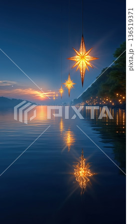 Enchanting Star Lanterns Over a Lake at Dusk 136519371