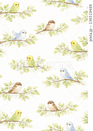 鳥シリーズ:枝にとまる小鳥の総柄水彩パターン 鳥シリーズ:枝にとまる小鳥の総柄水彩パターン 136519489