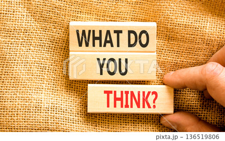 Support, help what do you think symbol. Concept words What do you think on beautiful wooden blocks. Beautiful canvas background. Businessman's hand. Business what do you think concept. Copy space. 136519806