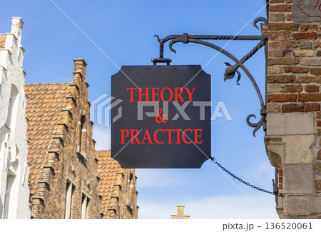 Theory and practice symbol. Concept words Theory and practice on beautiful black road sign. Beautiful blue sky and Brugge street background. Business theory and practice concept. Copy space. 136520061
