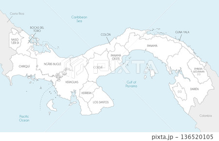 Vector map of Panama with provinces, indigenous regions and administrative divisions, and neighbouring countries and territories. Editable and clearly labeled layers. 136520105