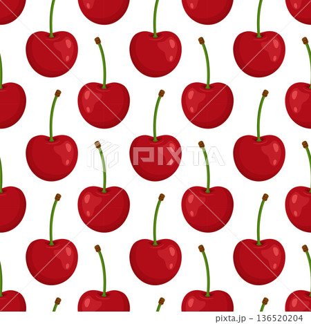 Seamless pattern with red cherries and green stems on light background. Bright flat style Seamless pattern with red cherries and green stems on light background. Bright flat style 136520204