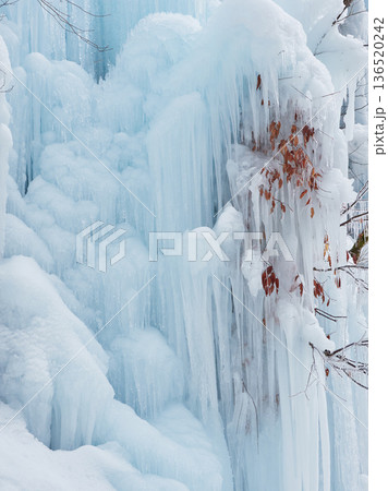 冬の岐阜県の観光名所飛騨の氷の渓谷の美しい氷の滝の風景 冬の岐阜県の観光名所飛騨の氷の渓谷の美しい氷の滝の風景 136520242
