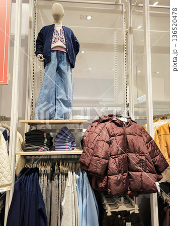 Children Outfit on Mannequin with Jeans and Jacket on Shelf 136520478