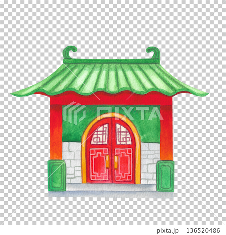 Festive traditional house with red beams and green roof tiles. Hand-drawn watercolor illustration. Asian culture and holiday design. Festive traditional house with red beams and green roof tiles. Hand-drawn watercolor illustration. Asian culture and holiday design. 136520486