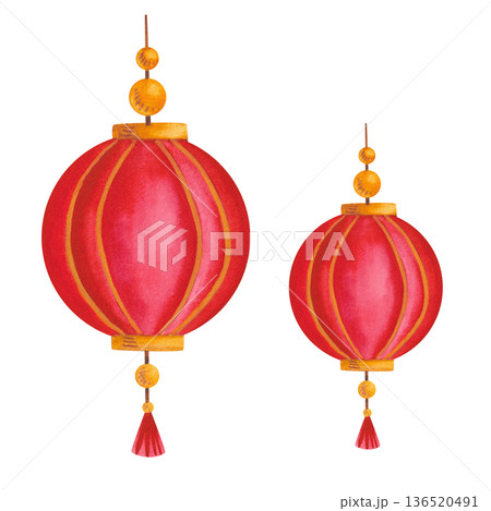 Festive red lanterns. Hand-drawn watercolor illustration. Asian culture and holiday design. Festive red lanterns. Hand-drawn watercolor illustration. Asian culture and holiday design. 136520491