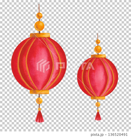 Festive red lanterns. Hand-drawn watercolor illustration. Asian culture and holiday design. Festive red lanterns. Hand-drawn watercolor illustration. Asian culture and holiday design. 136520491