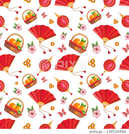Seamless watercolor Chinese New Year pattern with Asian-inspired elements. Festive lanterns, decorations, and envelopes. Hand-drawn watercolor illustration. Seamless watercolor Chinese New Year pattern with Asian-inspired elements. Festive lanterns, decorations, and envelopes. Hand-drawn watercolor illustration. 136520498