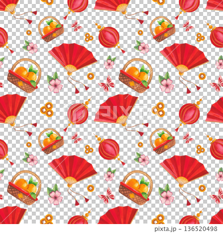 Seamless watercolor Chinese New Year pattern with Asian-inspired elements. Festive lanterns, decorations, and envelopes. Hand-drawn watercolor illustration. Seamless watercolor Chinese New Year pattern with Asian-inspired elements. Festive lanterns, decorations, and envelopes. Hand-drawn watercolor illustration. 136520498