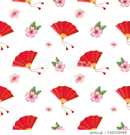Seamless watercolor Chinese New Year pattern with Asian-inspired elements. Festive red fan and flowers. Hand-drawn watercolor illustration. Seamless watercolor Chinese New Year pattern with Asian-inspired elements. Festive red fan and flowers. Hand-drawn watercolor illustration. 136520499