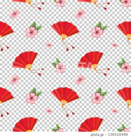 Seamless watercolor Chinese New Year pattern with Asian-inspired elements. Festive red fan and flowers. Hand-drawn watercolor illustration. Seamless watercolor Chinese New Year pattern with Asian-inspired elements. Festive red fan and flowers. Hand-drawn watercolor illustration. 136520499