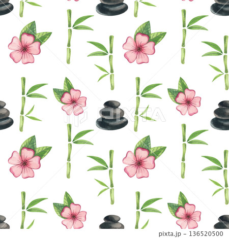 Seamless pattern with Asian-inspired elements. Bamboo branches, a cairn, and cherry blossoms. Asian culture and festive design. Seamless pattern with Asian-inspired elements. Bamboo branches, a cairn, and cherry blossoms. Asian culture and festive design. 136520500