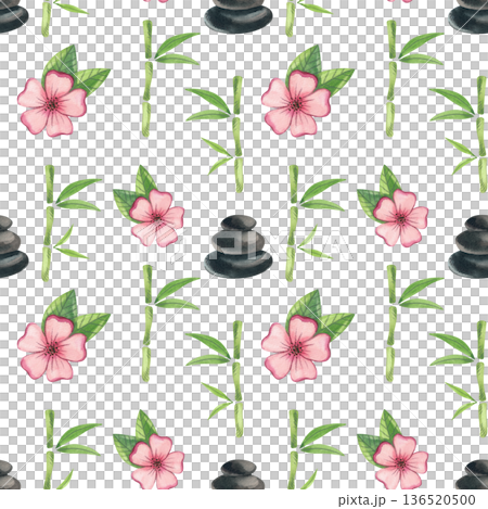 Seamless pattern with Asian-inspired elements. Bamboo branches, a cairn, and cherry blossoms. Asian culture and festive design. Seamless pattern with Asian-inspired elements. Bamboo branches, a cairn, and cherry blossoms. Asian culture and festive design. 136520500
