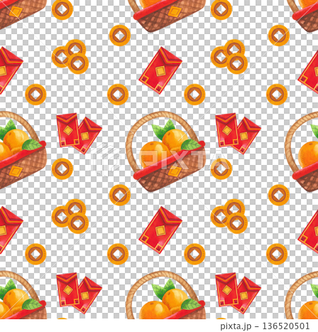 Seamless watercolor Chinese New Year pattern with Asian-inspired elements. Festive red envelope and fruit basket. Hand-drawn watercolor illustration. 136520501