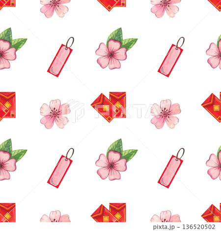 Seamless watercolor Chinese New Year pattern with Asian-inspired elements. Festive red envelope and flowers. Hand-drawn watercolor illustration. Seamless watercolor Chinese New Year pattern with Asian-inspired elements. Festive red envelope and flowers. Hand-drawn watercolor illustration. 136520502