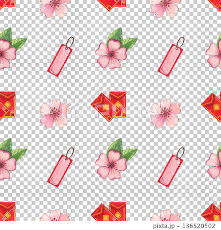 Seamless watercolor Chinese New Year pattern with Asian-inspired elements. Festive red envelope and flowers. Hand-drawn watercolor illustration. 136520502