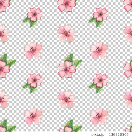 Seamless watercolor pattern with Asian-inspired elements. Cherry blossoms with green leaves. Hand-drawn watercolor illustration. 136520503