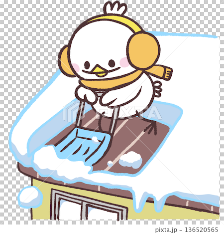 Illustration of a white bird removing snow from a roof 136520565