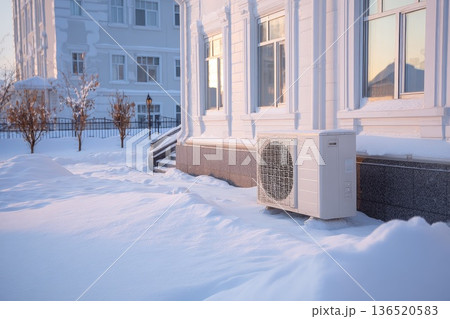 A modern heat pump unit standing outside a neat residential building covered in fresh snow during winter. A modern heat pump unit standing outside a neat residential building covered in fresh snow during winter. 136520583