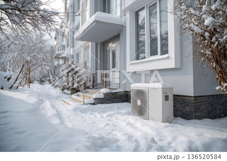 A modern heat pump unit standing outside a neat residential building covered in fresh snow during winter. A modern heat pump unit standing outside a neat residential building covered in fresh snow during winter. 136520584
