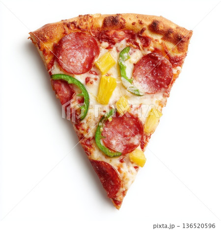 An appetizing slice of fresh pizza with melted cheese, isolated on a clean white background. An appetizing slice of fresh pizza with melted cheese, isolated on a clean white background. 136520596