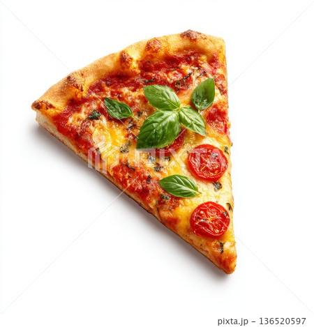 An appetizing slice of fresh pizza with melted cheese, isolated on a clean white background. An appetizing slice of fresh pizza with melted cheese, isolated on a clean white background. 136520597
