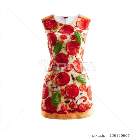 Vibrant sleeveless pizza dress. Bright summer dress with pizza illustrations. Fashionable sleeveless dress featuring realistic pizza graphics and vibrant colors Vibrant sleeveless pizza dress. Bright summer dress with pizza illustrations. Fashionable sleeveless dress featuring realistic pizza graphics and vibrant colors 136520607