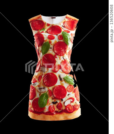 Vibrant sleeveless pizza dress. Bright summer dress with pizza illustrations. Fashionable sleeveless dress featuring realistic pizza graphics and vibrant colors Vibrant sleeveless pizza dress. Bright summer dress with pizza illustrations. Fashionable sleeveless dress featuring realistic pizza graphics and vibrant colors 136520608