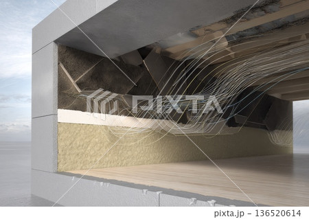 A close-up cutaway of a building wall showing insulation, concrete, and air gap with energy flow lines. A close-up cutaway of a building wall showing insulation, concrete, and air gap with energy flow lines. 136520614