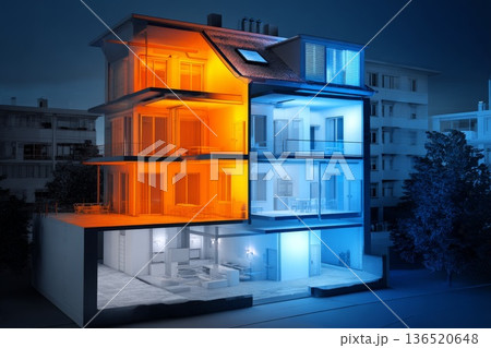 Cutaway view of a multiapartment house at night with heat leaking through windows and roofs into the cold blue air. 136520648